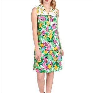 NWOT IVY LANE Sleeveless Zip Front Dress w Lemon / Watermelon Fruit Print L